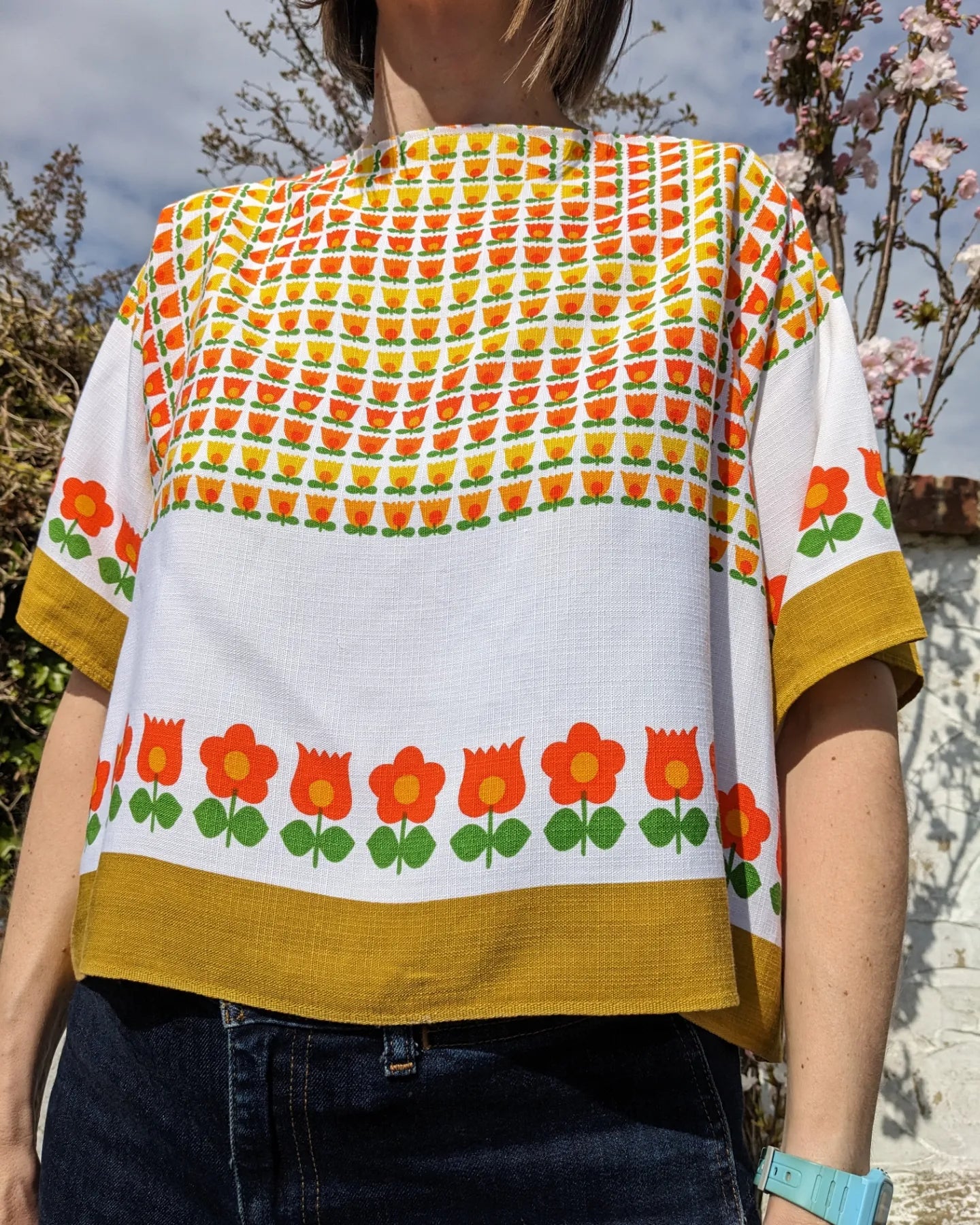 Graphic Floral Vintage Tablecloth Top
