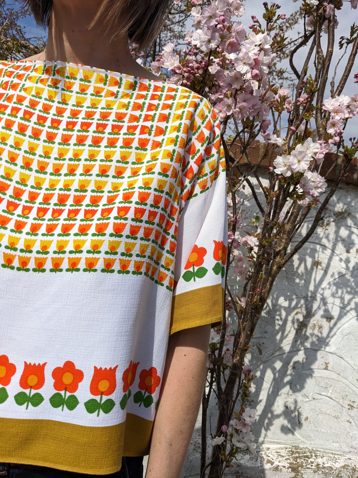 Graphic Floral Vintage Tablecloth Top