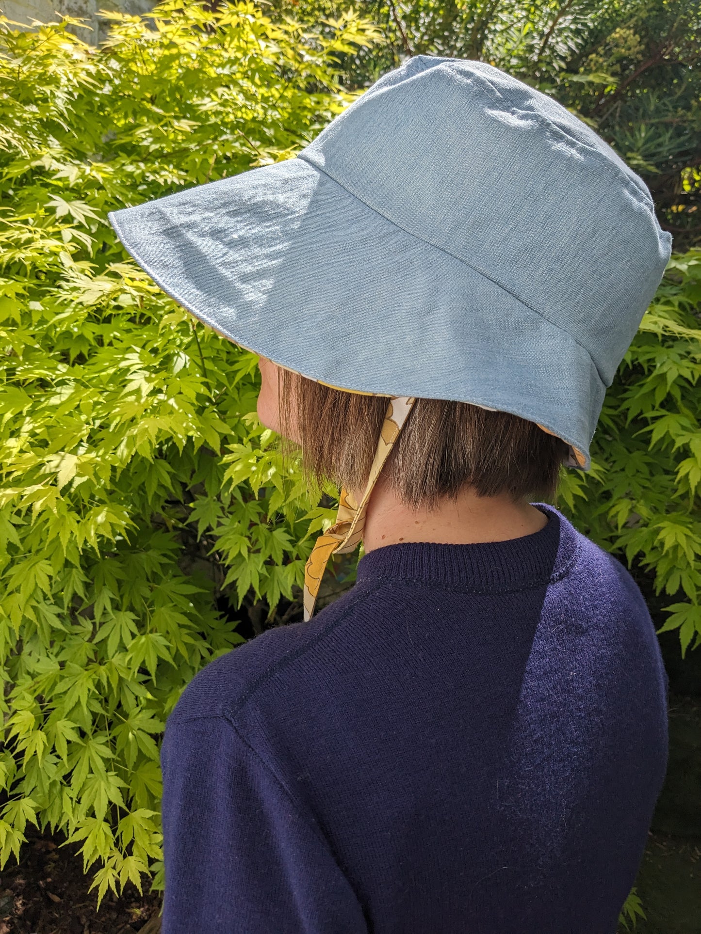 Vintage Denim Sunhat with Flower Power Lining and Ties