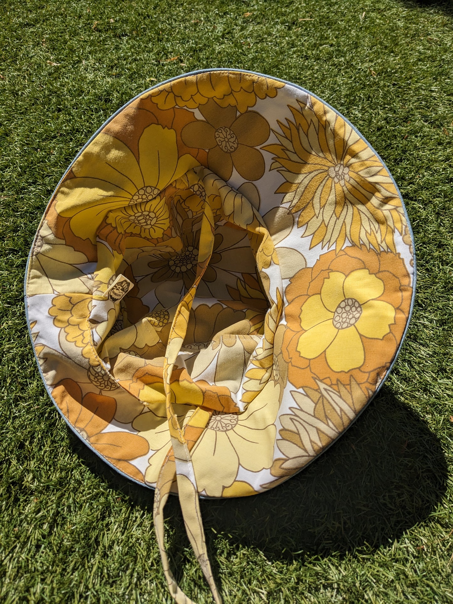 Vintage Denim Sunhat with Flower Power Lining and Ties