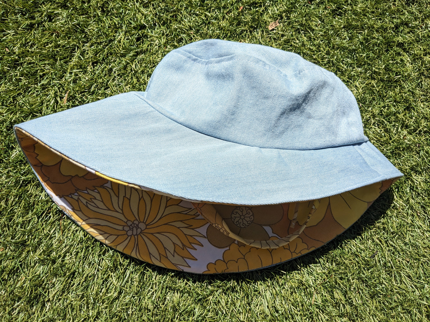 Vintage Denim Sunhat with Flower Power Lining and Ties