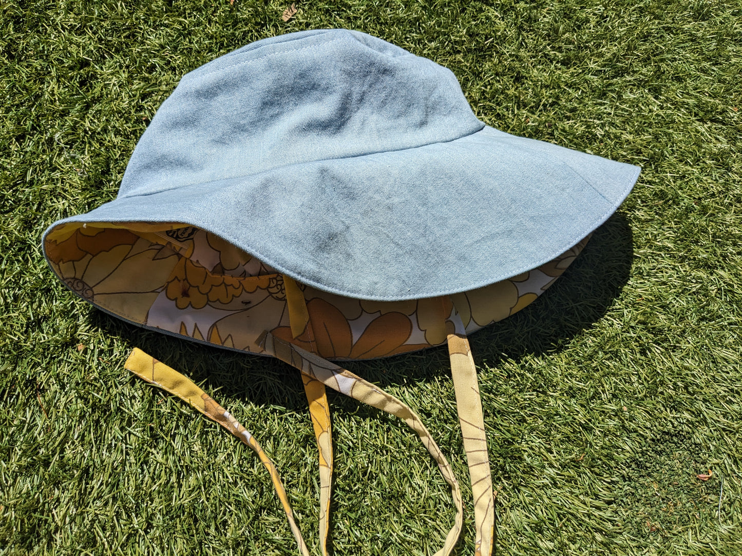 Vintage Denim Sunhat with Flower Power Lining and Ties