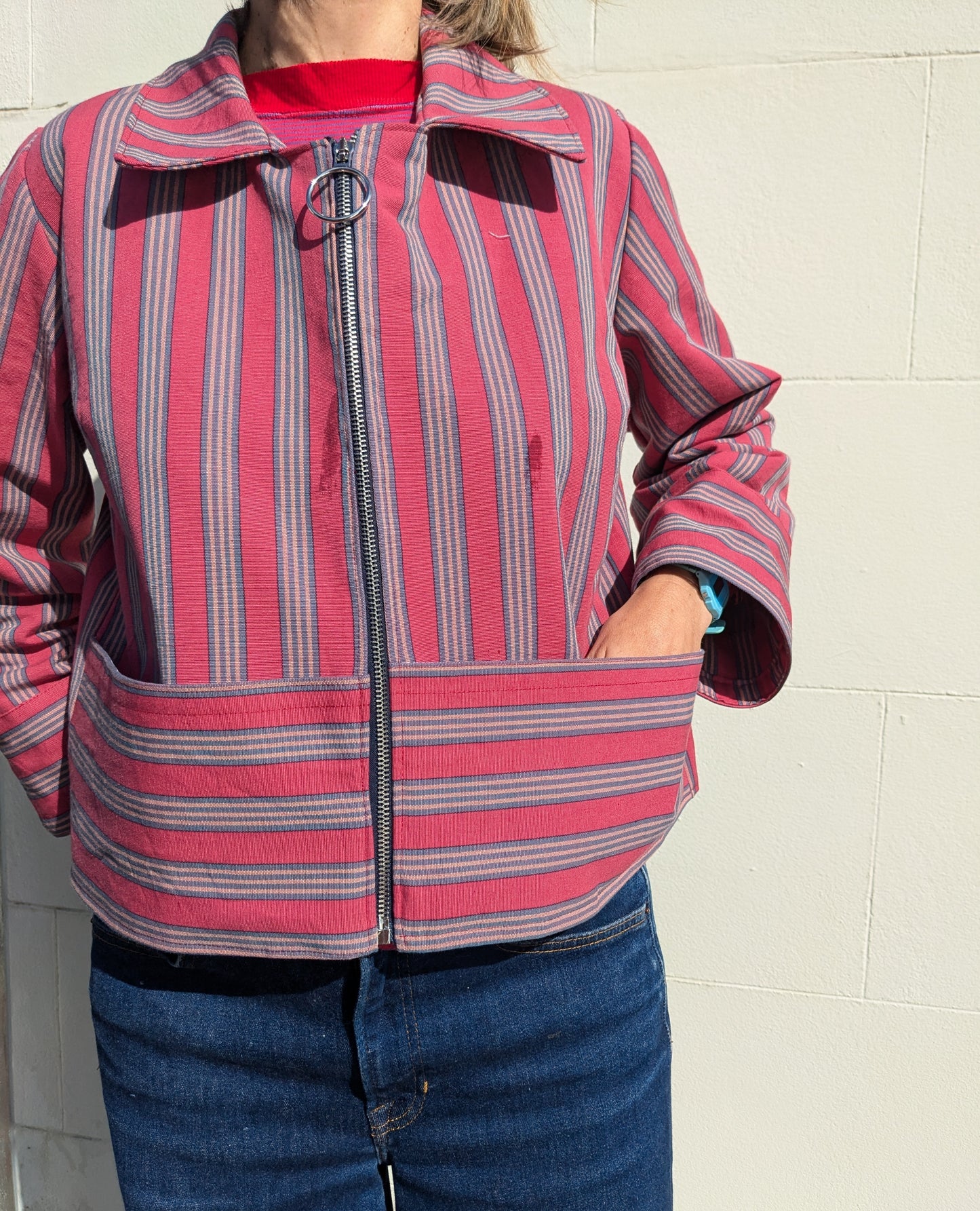Handmade Vintage Rhubarb Stripe Zip Up Jacket
