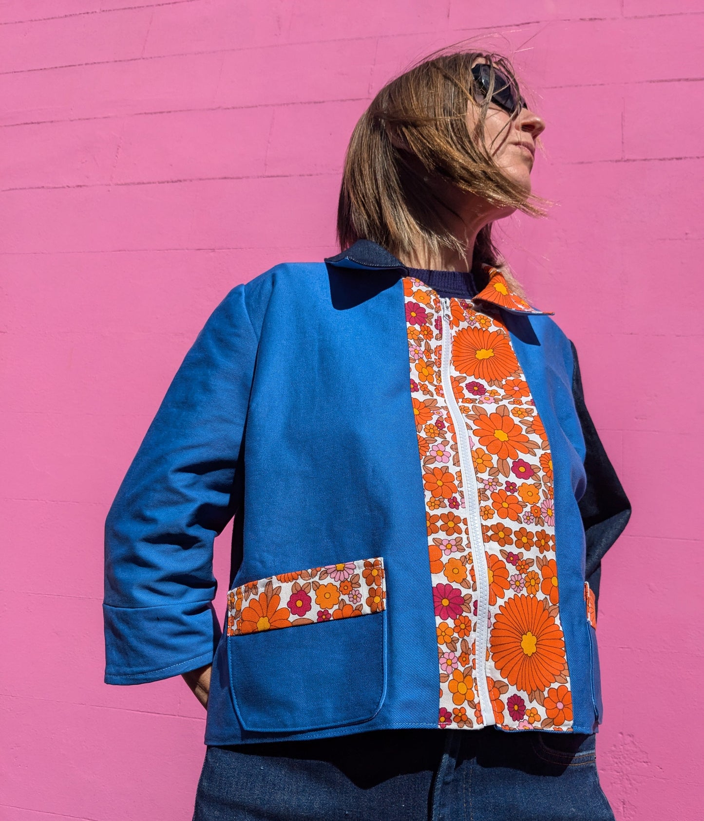 Handmade Flower Trim Colour-Block Jacket