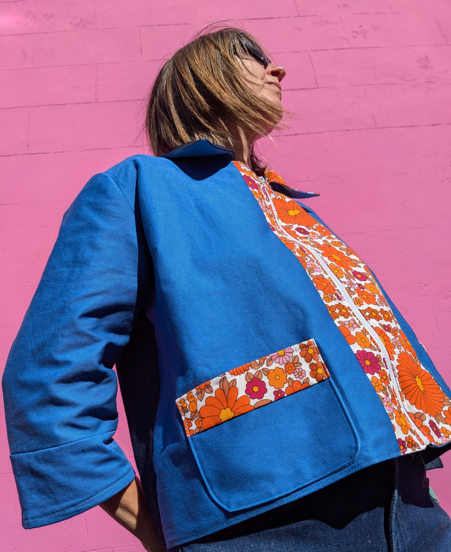 Handmade Flower Trim Colour-Block Jacket