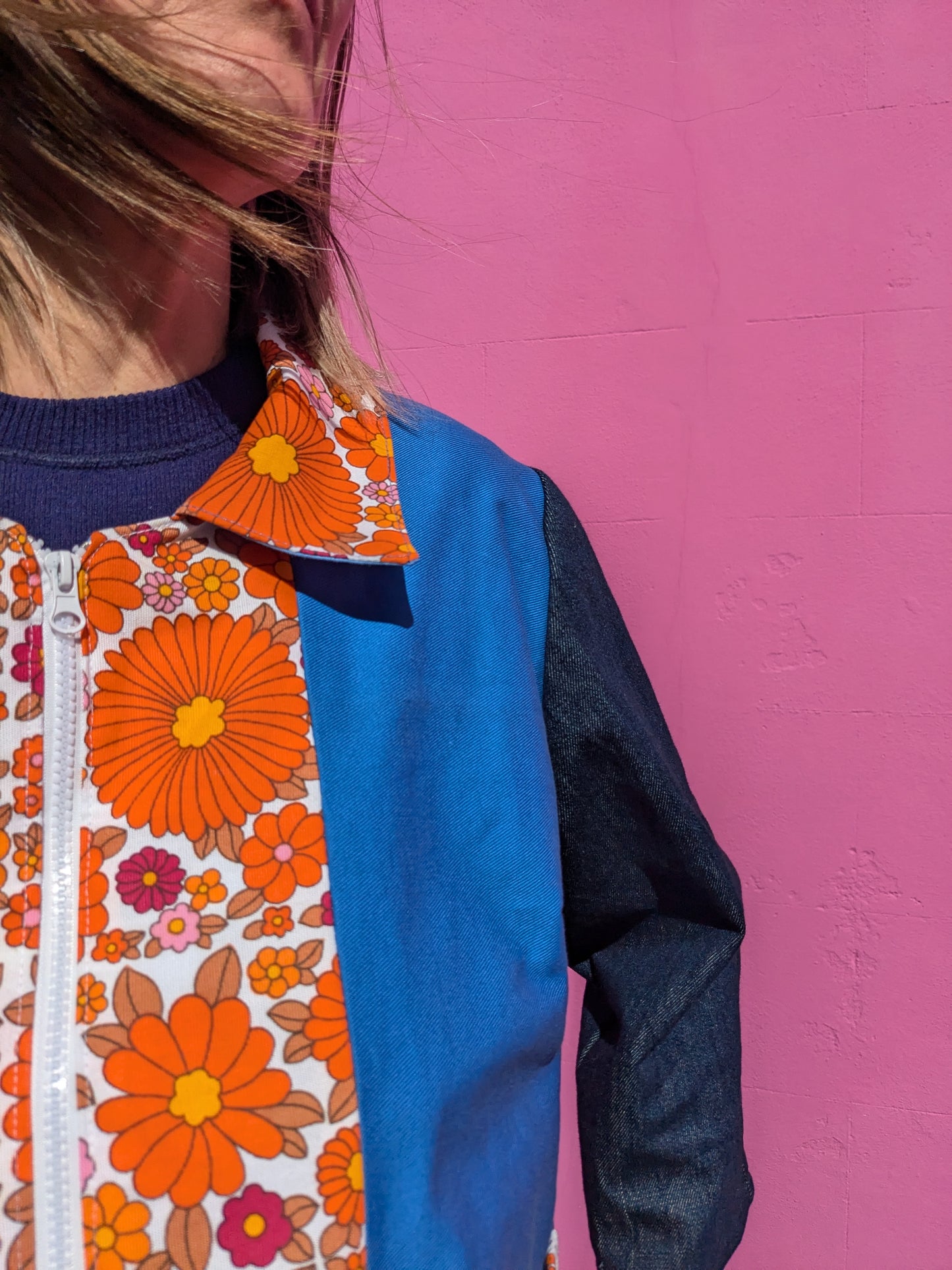 Handmade Flower Trim Colour-Block Jacket