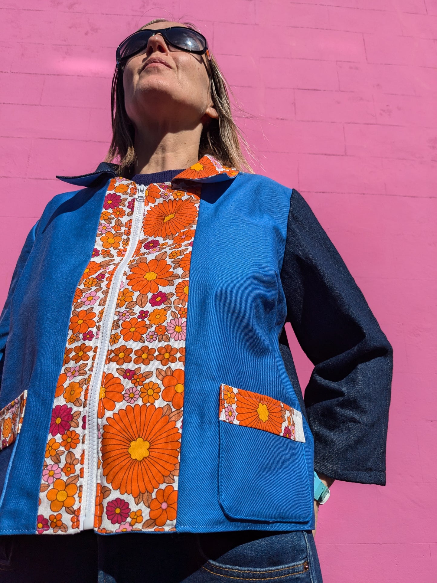 Handmade Flower Trim Colour-Block Jacket