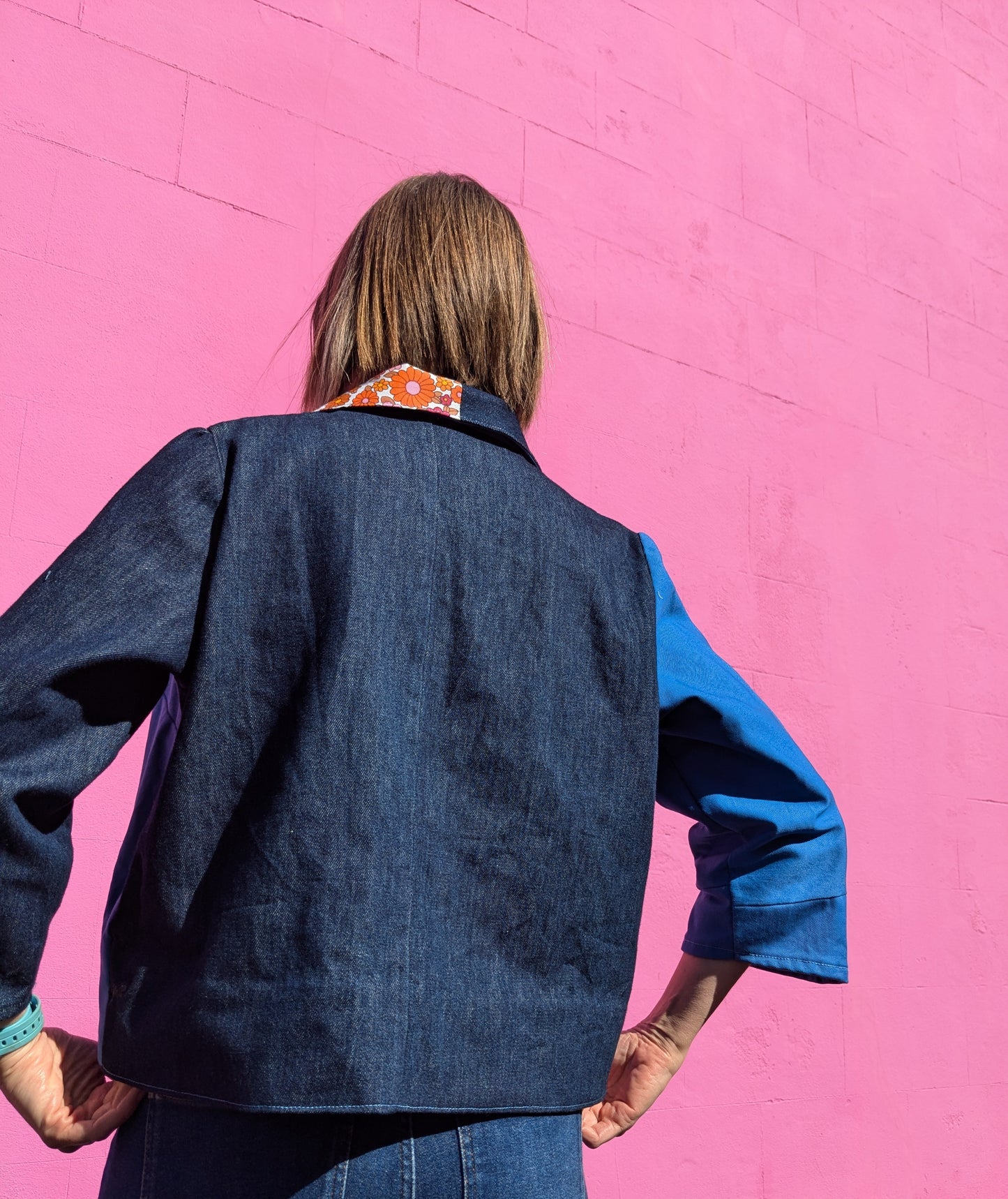Handmade Flower Trim Colour-Block Jacket