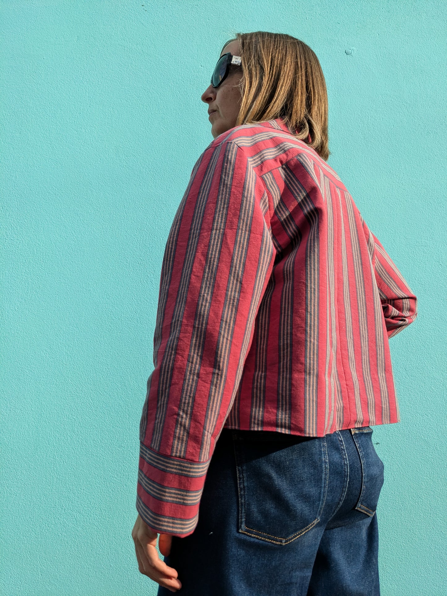 Handmade Vintage Rhubarb Stripe Jacket (with blue trim)