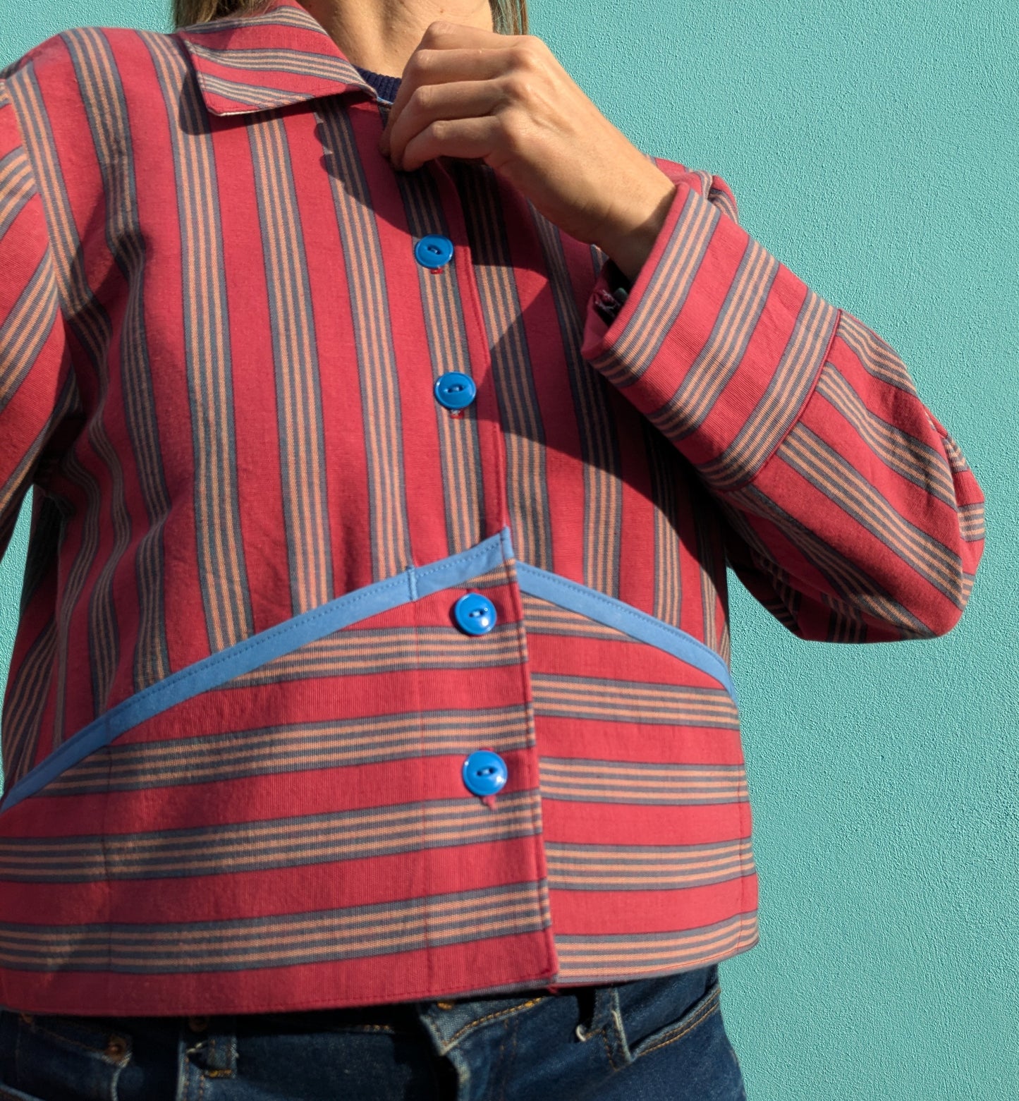 Handmade Vintage Rhubarb Stripe Jacket (with blue trim)
