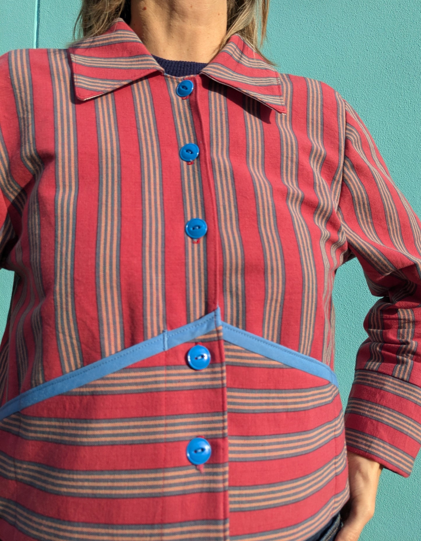 Handmade Vintage Rhubarb Stripe Jacket (with blue trim)