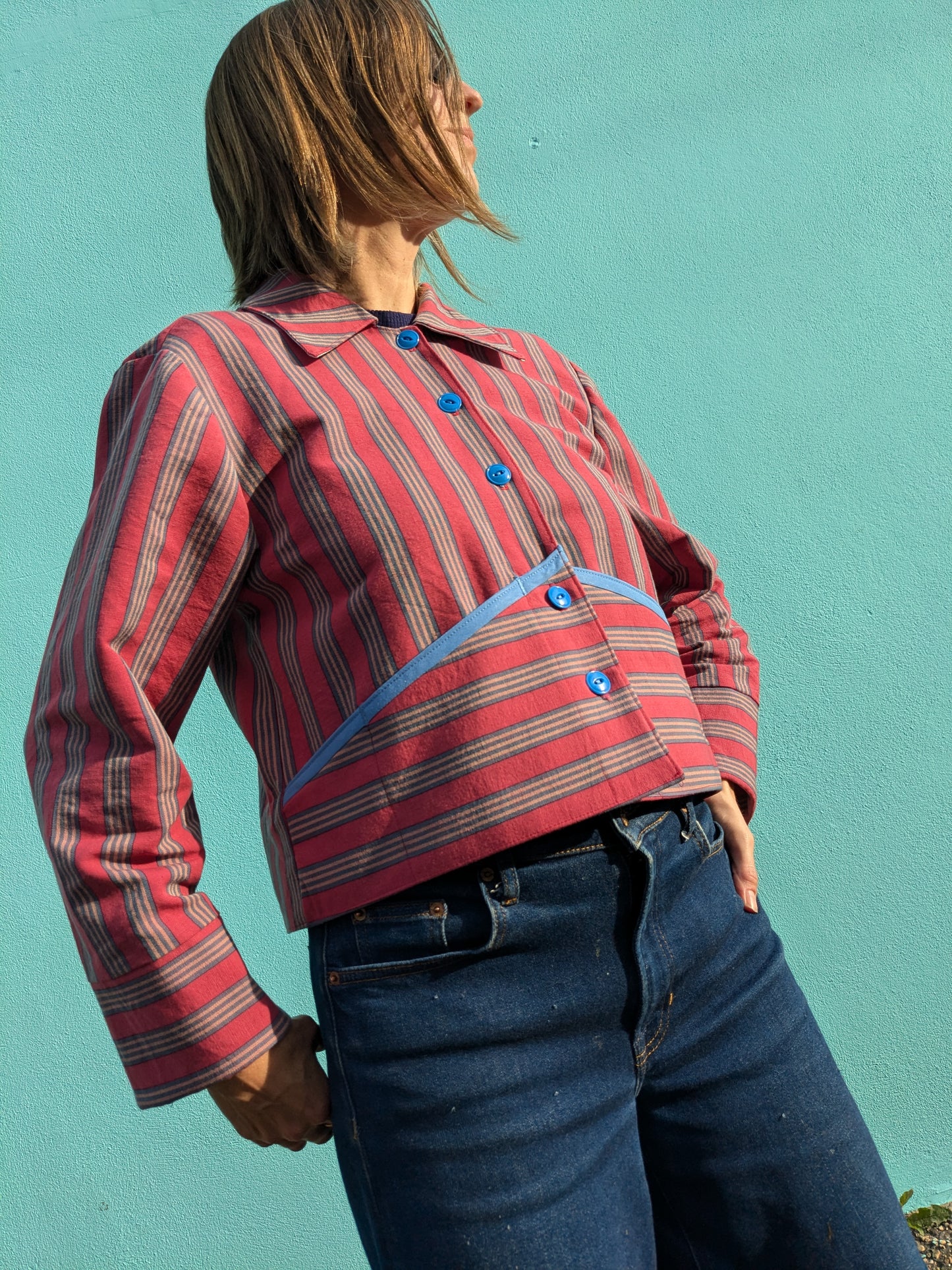 Handmade Vintage Rhubarb Stripe Jacket (with blue trim)