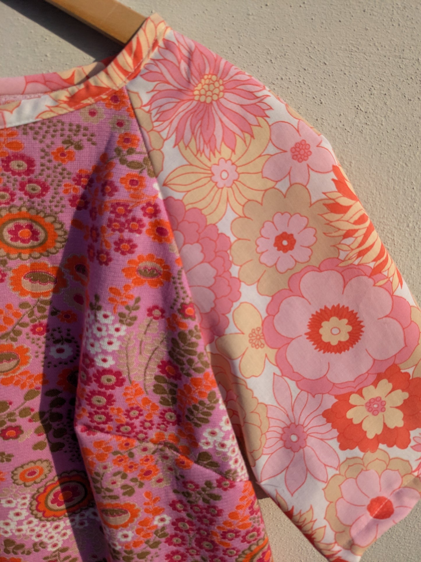 Handmade Vintage Pink Woven Floral Raglan Sleeve Top