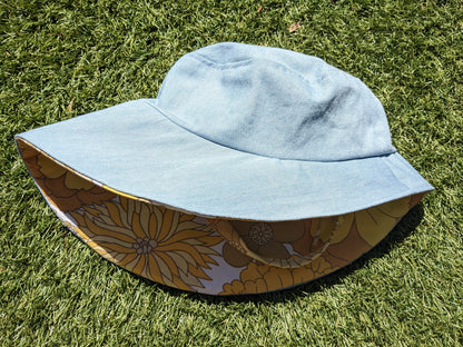 Vintage Denim Sunhat with Flower Power Lining and Ties