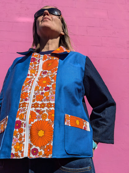 Handmade Flower Trim Colour-Block Jacket