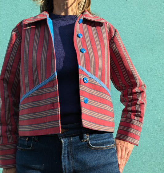 Handmade Vintage Rhubarb Stripe Jacket (with blue trim)