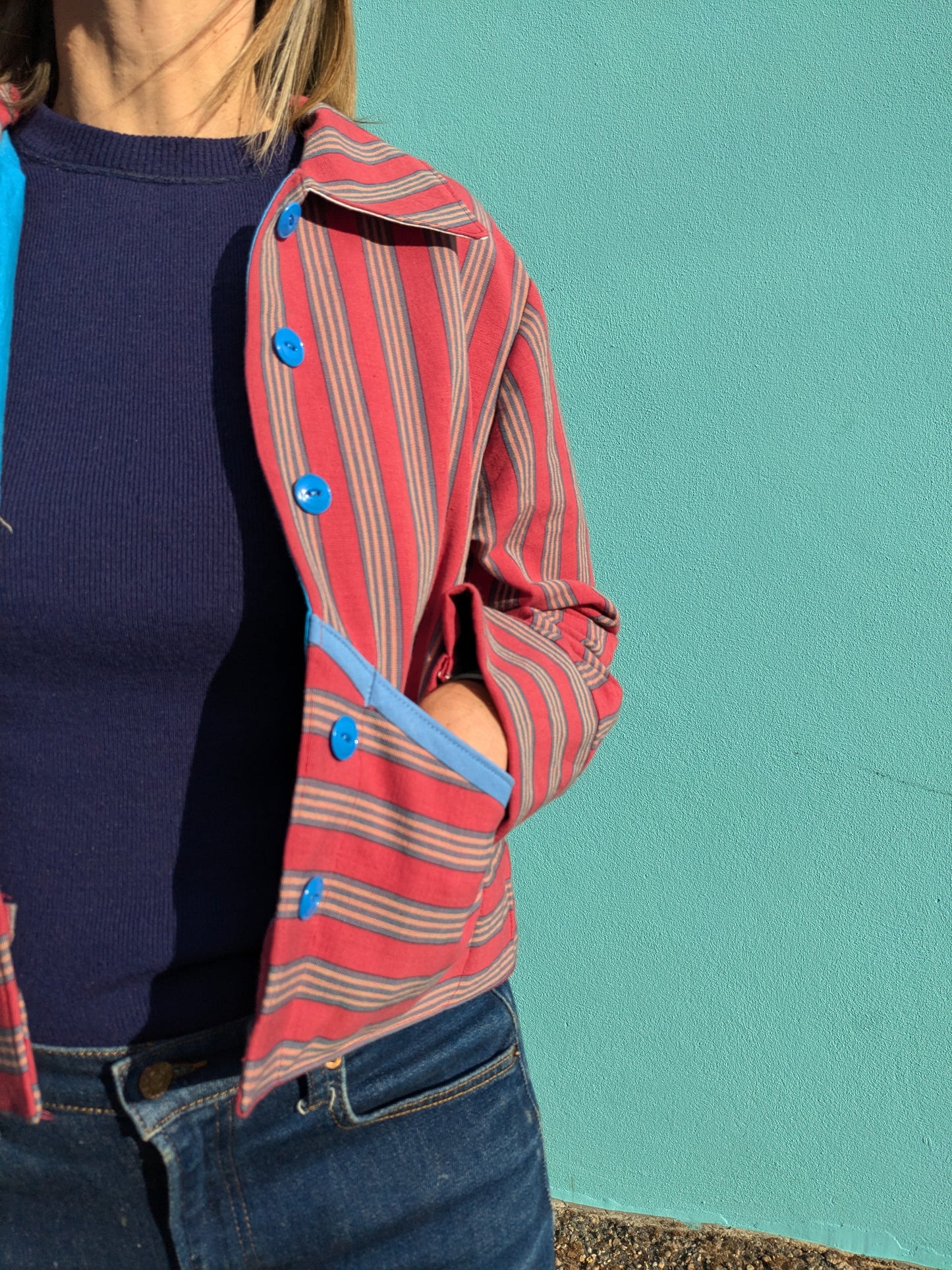 Handmade Vintage Rhubarb Stripe Jacket (with blue trim)