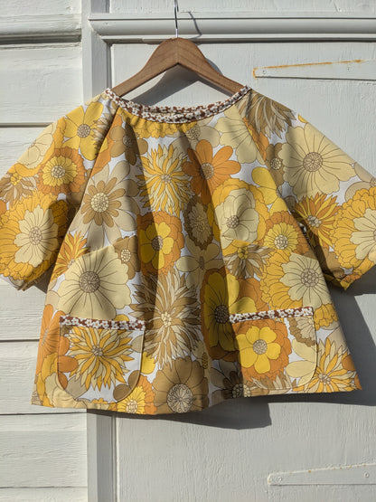 Handmade Vintage Floral Yellow Raglan Sleeve Top (Flower Trim/Size 16)
