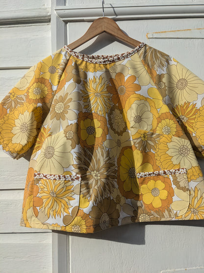 Handmade Vintage Floral Yellow Raglan Sleeve Top (Flower Trim/Size 16)