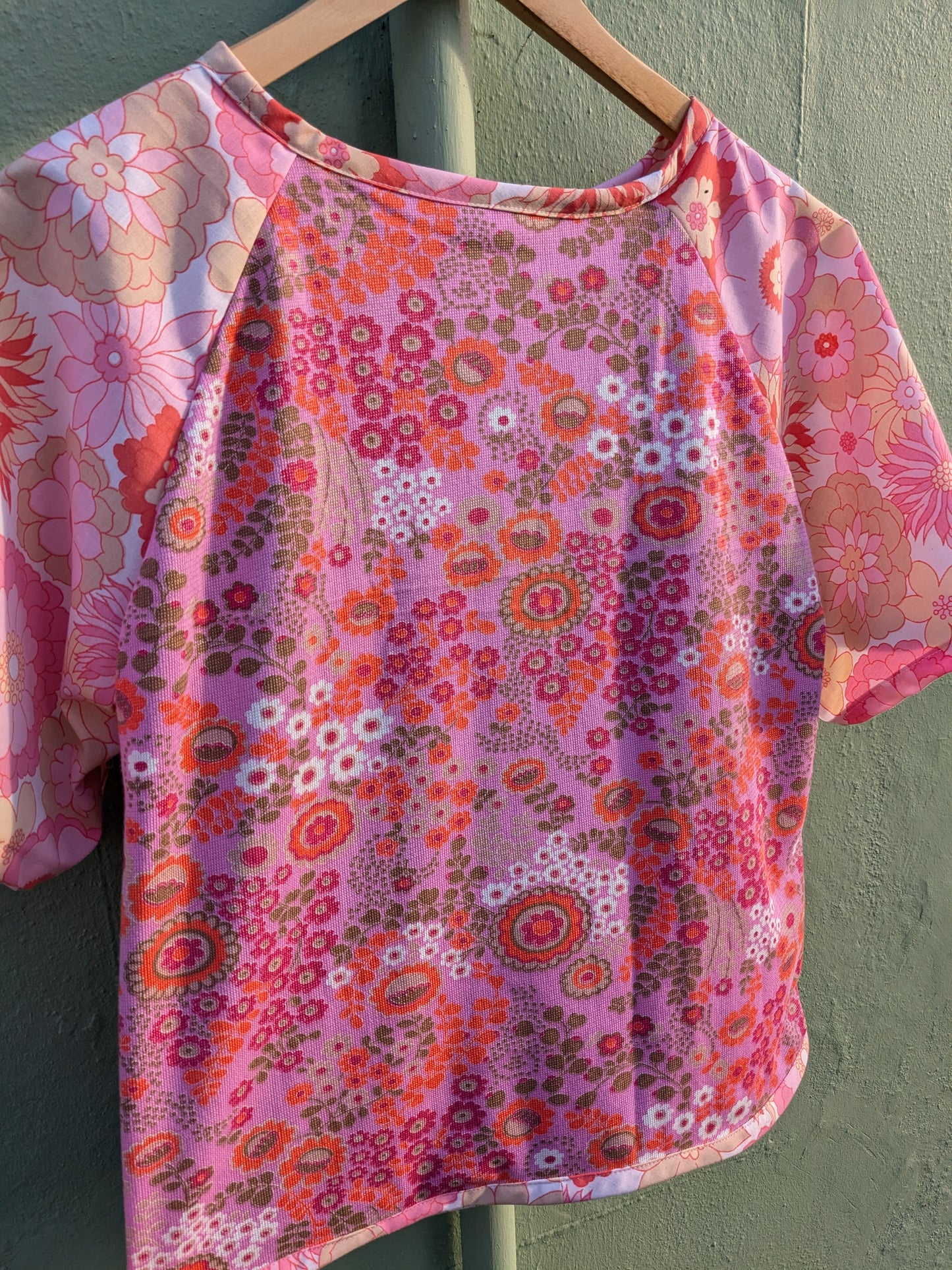 Handmade Vintage Pink Woven Floral Raglan Sleeve Top