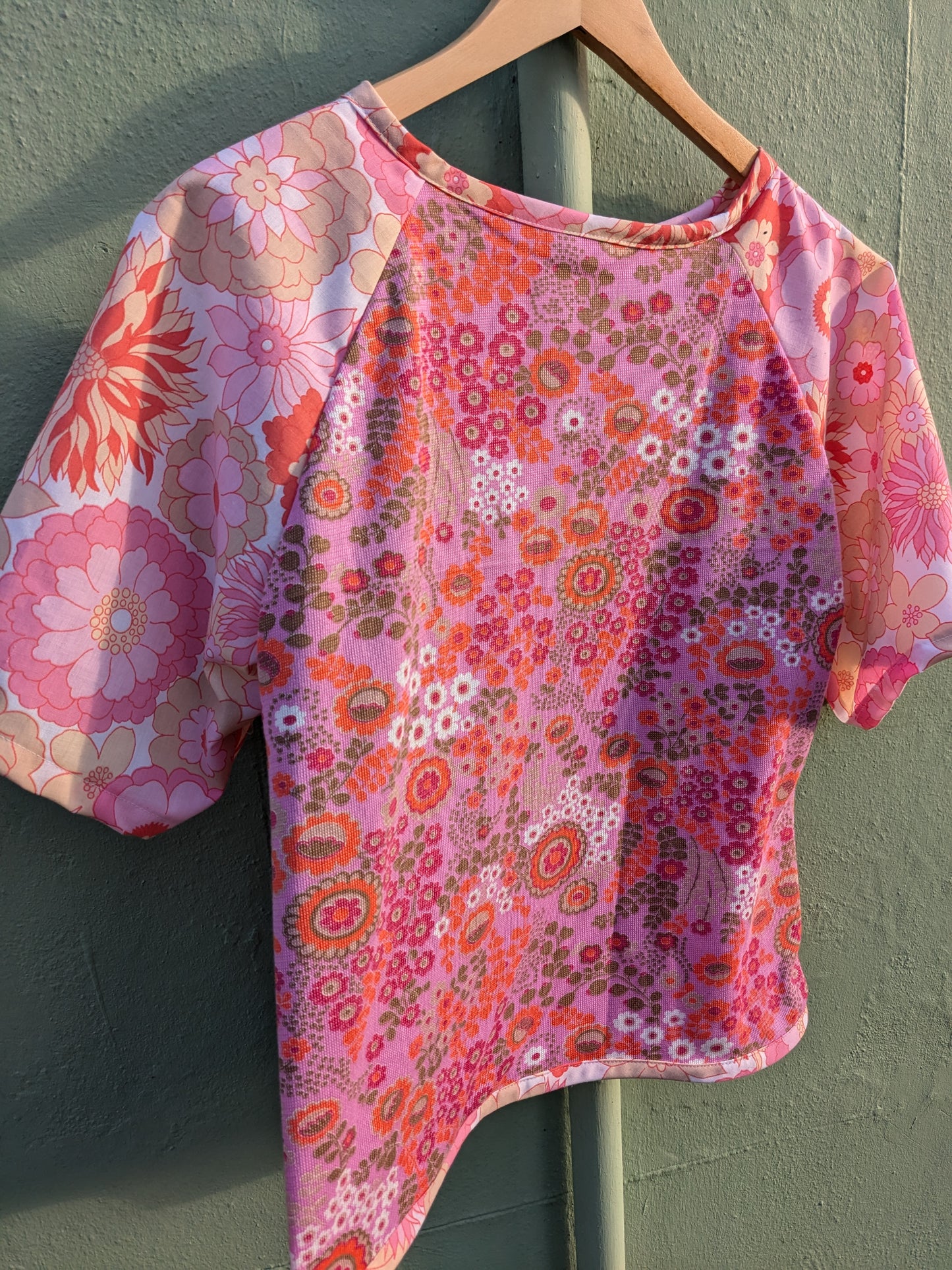 Handmade Vintage Pink Woven Floral Raglan Sleeve Top