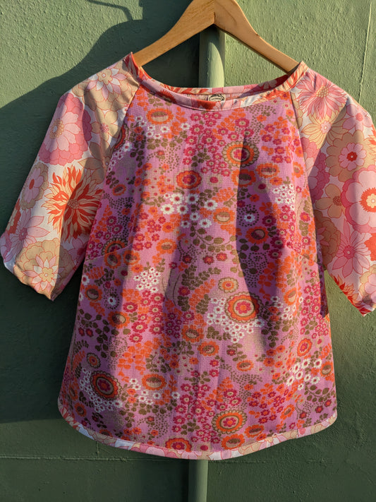 Handmade Vintage Pink Woven Floral Raglan Sleeve Top