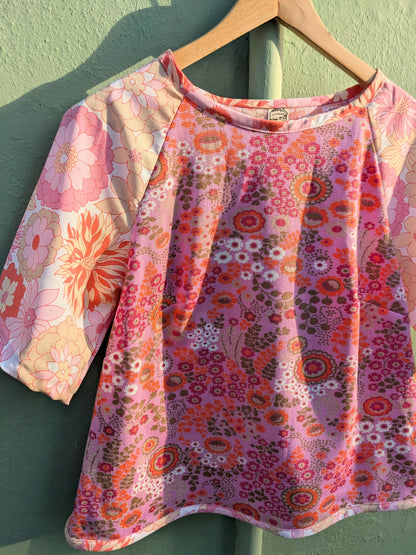 Handmade Vintage Pink Woven Floral Raglan Sleeve Top